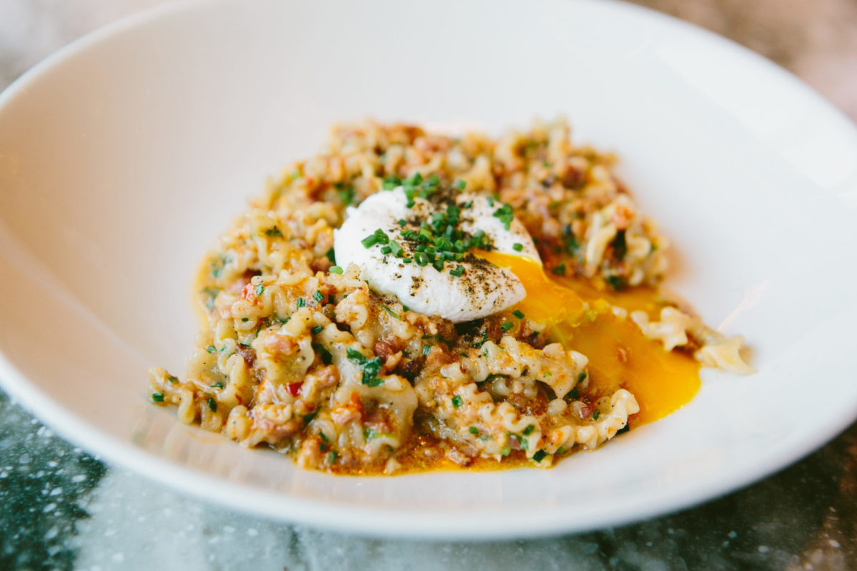 Bacon & eggs pasta at The Backroom at Moody's