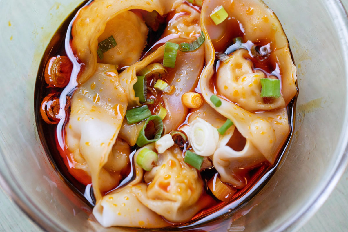 Chicken dumplings with Sichuan sauce from Bess's Cafe 